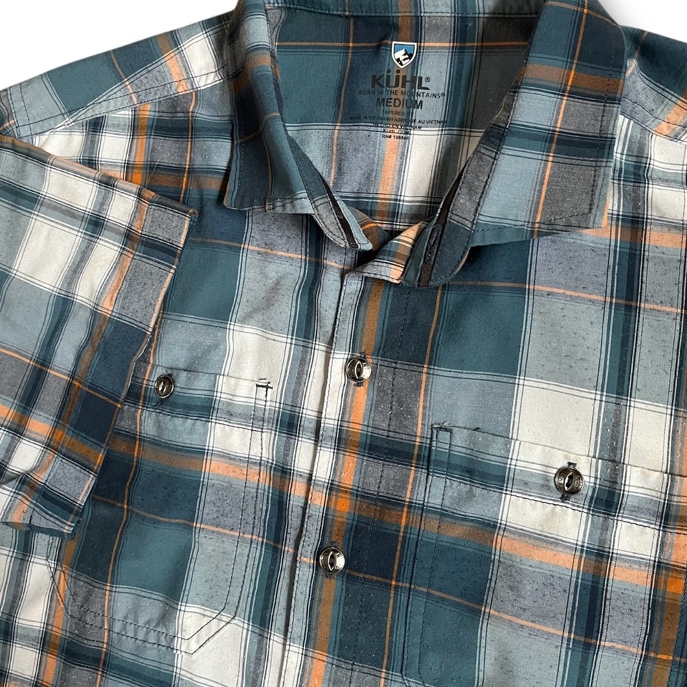 KUHL Blue Plaid Button Up Short Sleeve Hiking Shirt Women's Medium Outdoor